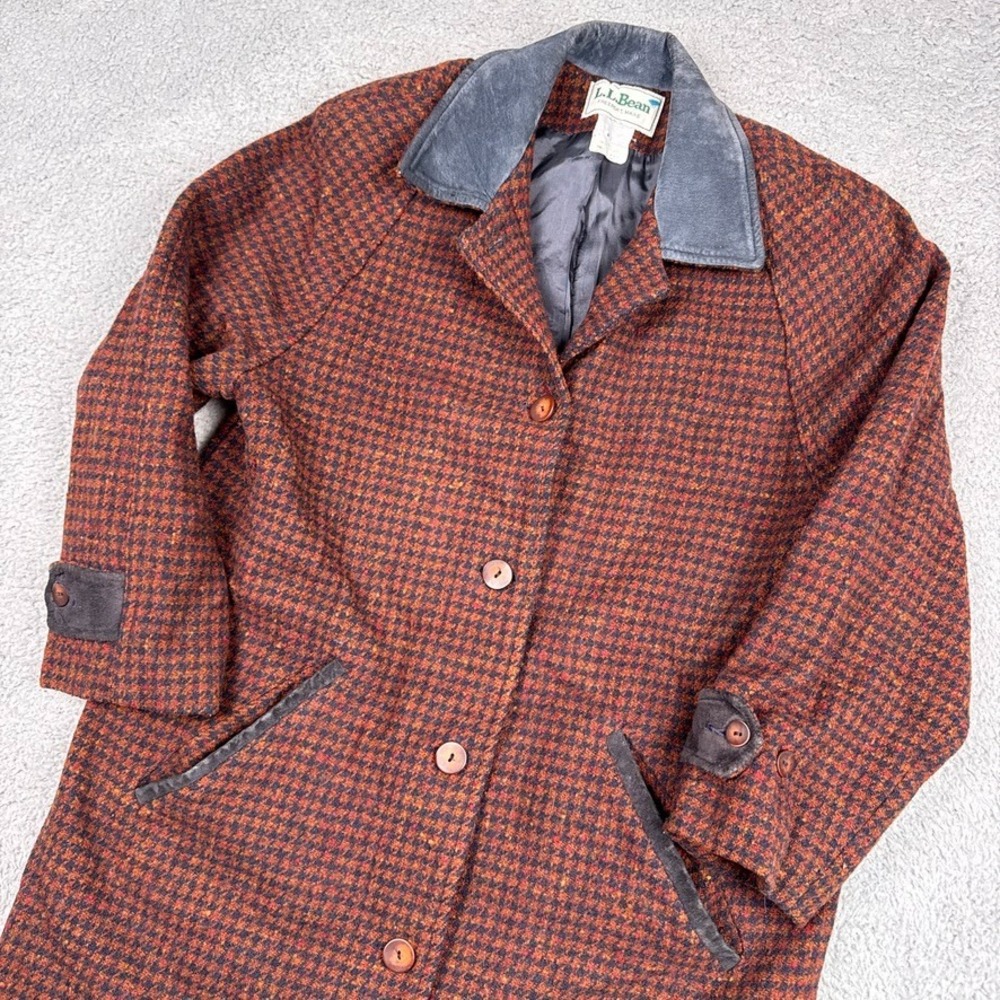 Vintage LL Bean Wool Coat Womens Small Red‎ Houndstooth Tweed Duster Trench 80's